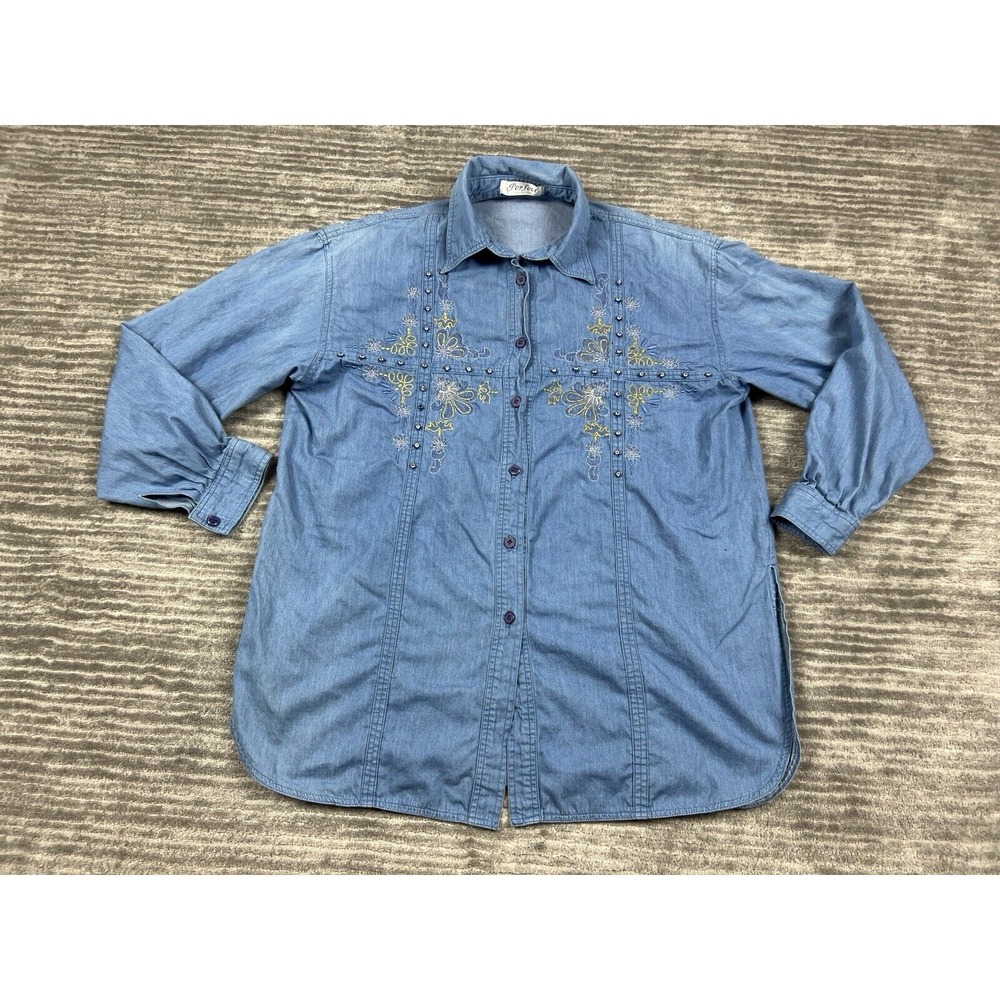 Perfect Collection Top Womens Large Blue Longsleeve Embroidered Beaded Casual‎